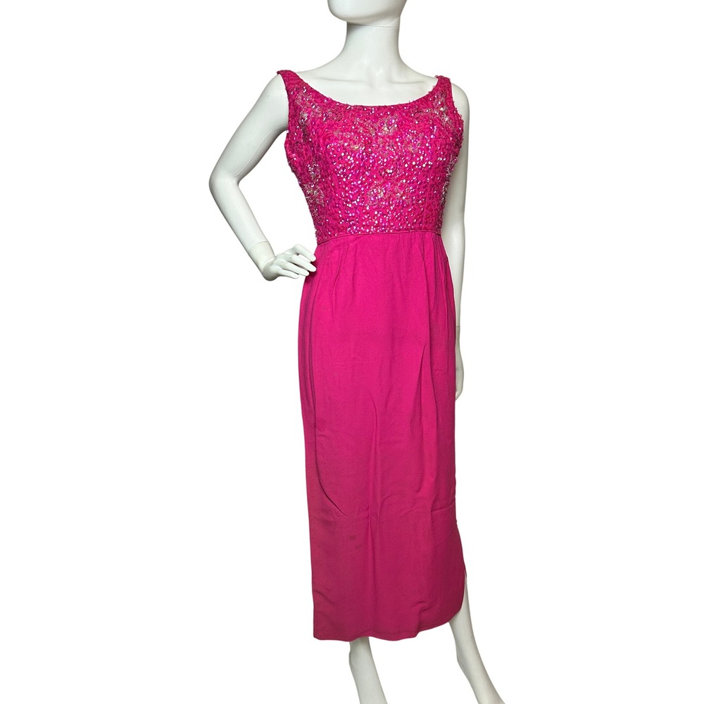 Vintage 60s Pink Sequin Beaded Column Gown Sleeveless Formal Wiggle Dress Pink
